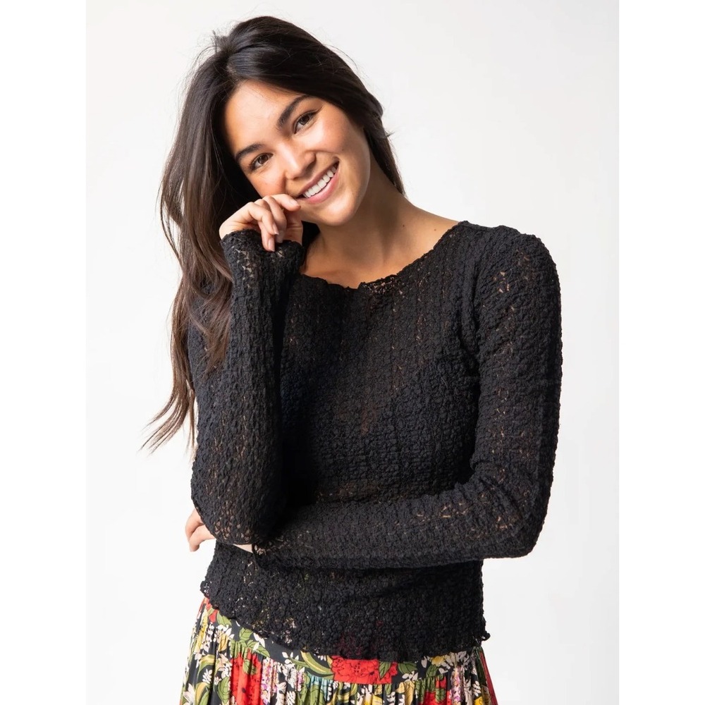 Natural Life Lace Layering Top Women XL Black Long Sleeve Knit Boho Whimsy NWT